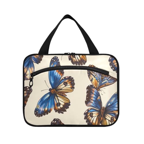 Blau-braune Schmetterlings-Hängetaschen für Reisen, Damen, mit Haken, wasserdichte Designer-Tasche für Reisende, Arbeit, Bolsa para maquillaje L von Amooorous