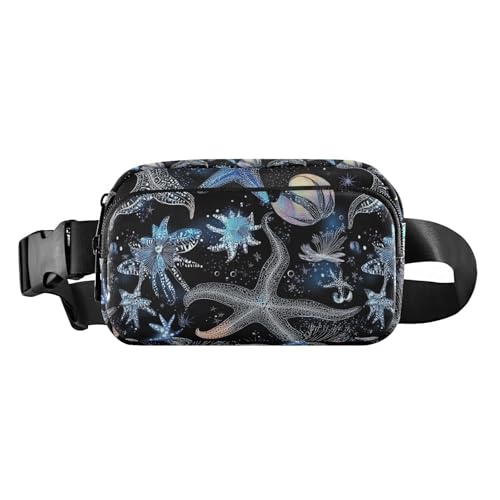Blaue glitzernde Seesternmuschel-Umhängetasche, Hüfttasche für Damen und Herren, wasserabweisend, Bauchtasche mit verstellbarem Riemen für Reisen, Urlaub, Laufen von Amooorous
