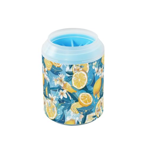 Blaue und gelbe Sommer-Zitrone, tragbarer Hunde-Fußreiniger-Becher mit weicher Silikonbürste, Haustier-Badbürste für Katzen, Hunde, cintur de seguridad para perros von Amooorous