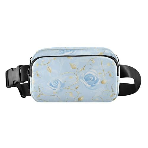 Blaue und goldene Retro-romantische Rosen, stilvolle Bauchtasche für Männer und Frauen, Mehrzweck-Umhängetasche, Anti-Diebstahl-Hüfttasche mit verstellbarem Gurt für Reisen, Laufen, Wandern von Amooorous