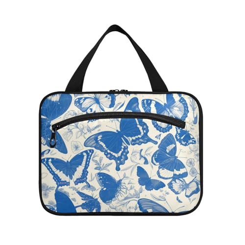 Blaue und weiße Schmetterlings-Blumen Hängetaschen für Frauen mit Haken, Designer-Make-up-Tasche, Organizer für Reisen, Muss Haves Toilette, Brochas, Maquillaje L von Amooorous