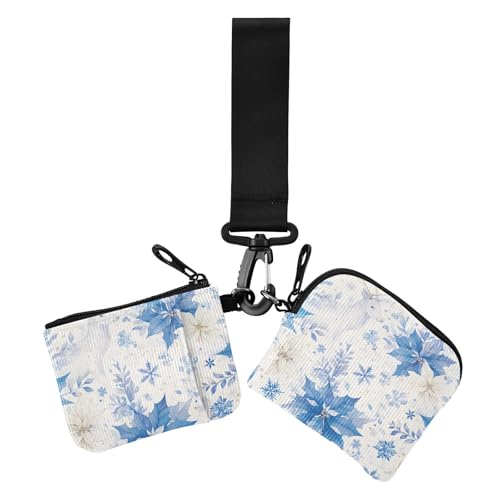 Blaue und weiße Weihnachts-Elchblumen, Damen-Münzbeutel, Kartenhalter, kompakte Größe, Schlüsselanhänger, Geldbörse, Wechselgeldbörse mit Handgelenkschlaufe für Damen, 2 Stück, Blaue und weiße von Amooorous