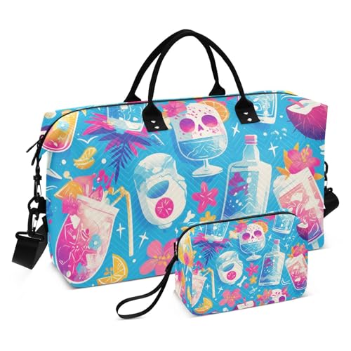 Blauer Totenkopf-Cocktail-Reisetasche, Wochenendreise, Übernachtungstasche, Turnbeutel mit Kulturbeutel für Trekking, große Kapazität, Blauer Totenkopf-Cocktail, 1 size von Amooorous