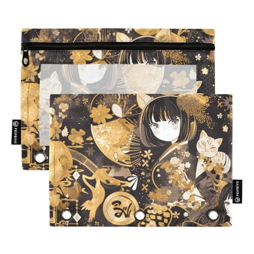 Bleistifte mit klarem Fenster schwarz und gold japanische Vintage Puppe Stiftetaschen groß und robust 3 Ringe für Büro Schulbedarf Kosmetik mehrfarbig 2 Stück von Amooorous