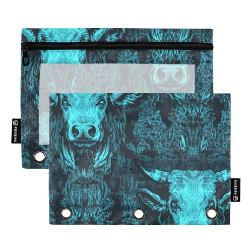 Bleistiftmappe mit klarem Fenster dunkelgrüne Kühe und Blumen weichen Federmäppchen groß und robust 3 Ringe Ordner für die Lagerung von Schulstudenten Lehrerzubehör mehrfarbig 2 Stück von Amooorous