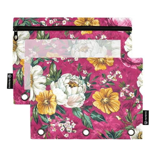 Bleistiftmappe mit transparentem Fenster Ölgemälde mit lila retro Blumen Federmäppchen mit Reißverschluss verstärkte Ösen 3 Ringe für Büro Schulbedarf Kosmetik mehrfarbig 2 Stück von Amooorous