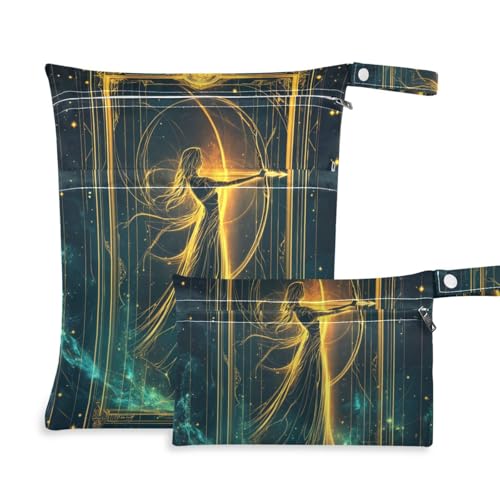 Bohemian-Tarot Astrologie Golden Warrior Turnbeutel mit Reißverschluss, 2 Stück, Reiseutensilien für Baby mit Griffen für Reisen, Fitnessstudio von Amooorous