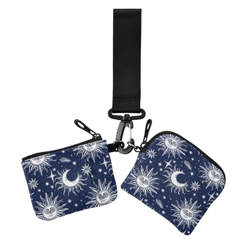 Boho Moon Dunkelblau Damen Münzgeldbörse Kartenhalter Kompakte Größe Visitenkartenhalter mit Handgelenkschlaufe für Frauen 2 Packungen, Boho Moon Dunkelblau, 1 size, Casual von Amooorous