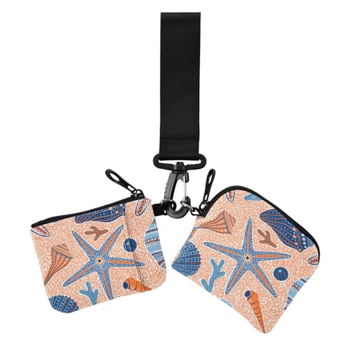 Boho Muscheln Seestern Blau Orange Damen Kartenetuis Kleingeldhalter Dünn Flach Münzgeldbörse Kleingeldhalter mit Schlüsselanhänger für Frauen 2 Stück, Boho Muscheln Seestern Blau Orange, 1 size, von Amooorous