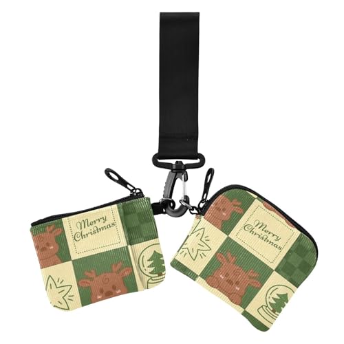 Braun-grüne Weihnachts-Quadrate, Doppel-Münzgeldbörse, Kreditkartenhalter, Geldbörse, großes Fassungsvermögen, Reißverschluss, Münztasche mit Handgelenkschlaufe für Damen, 2 Packungen, Braune und von Amooorous