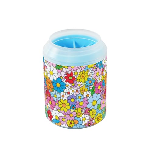 Bunte Blumen, minimalistischer, tragbarer Hundefußreiniger-Becher mit Silikonbürste, weiches Haustierpflegezubehör für kleine, mittelgroße Hunde und Katzen von Amooorous