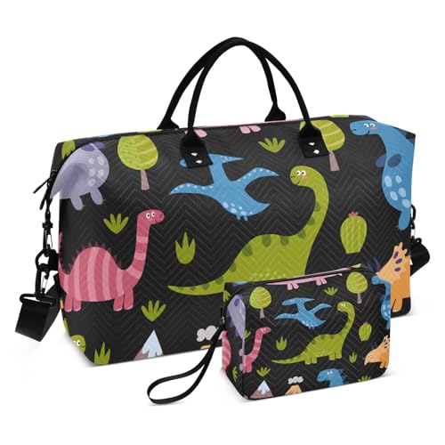 Bunte Cartoon-Dinosaurier-Reisetasche, Wochenendtasche, Übernachtungstasche, großer Turnbeutel mit verstellbarem Riemen zum Wandern, multifunktional, Bunte Cartoon-Dinosaurier, 1 size von Amooorous