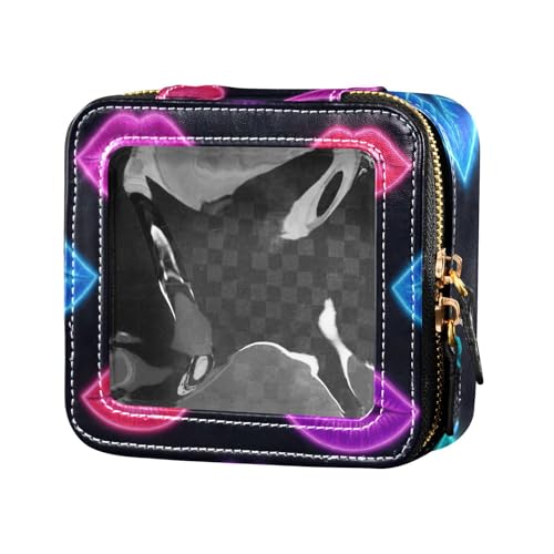 Bunte fluoreszierende Neon-Lippen, transparent, Reise-Make-up-Tasche, Leder-Kulturbeutel, tragbarer Make-up-Organizer für Reisen von Amooorous