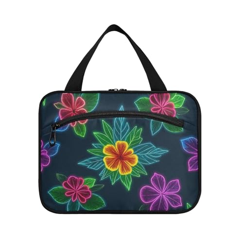 Bunte fluoreszierende neonfarbene tropische Blumen zum Aufhängen, Herren-Kulturbeutel mit Haken, erweiterbare Designer-Tasche mit Fächern für Reisezubehör für Damen, Badezimmer von Amooorous