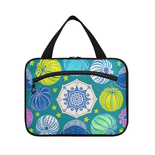 Buntes Kürbis-Poster-Stil, blaugrün, zum Aufhängen, Reise-Set für Herren, mit Haken, Designer-Hautpflege-Tasche für Kreuzfahrt, Reisen, Hotel, Maletín para maquillaje L von Amooorous