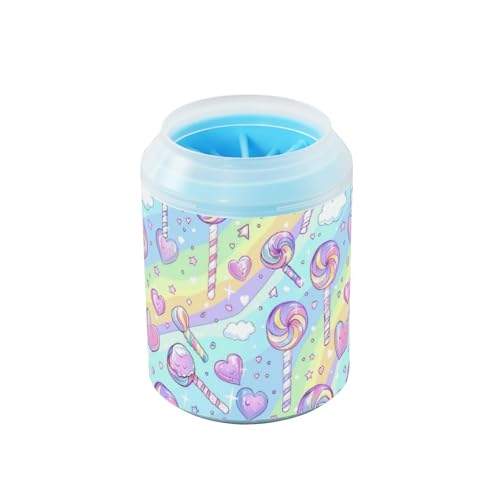 Cane Candy Cartoon-Regenbogenstreifen, wiederverwendbarer Pfotenreiniger-Becher mit Silikonbürste, weiche Haustierfüße, Reinigungsset für kleine, mittelgroße und große Rassen, Hunde, Katzenzubehör von Amooorous