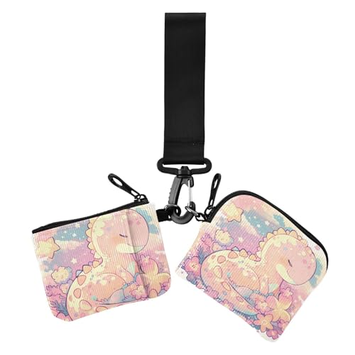 Cartoon-Baby-Dinosaurier-Design, kindlicher Kritzel-Stil, Pastellfarben, Damen-Münzgeldbörse, Kartenhalter, klein, tragbar, Damen-Geld-Organizer mit Schlüsselanhänger für den täglichen Gebrauch, 2 von Amooorous