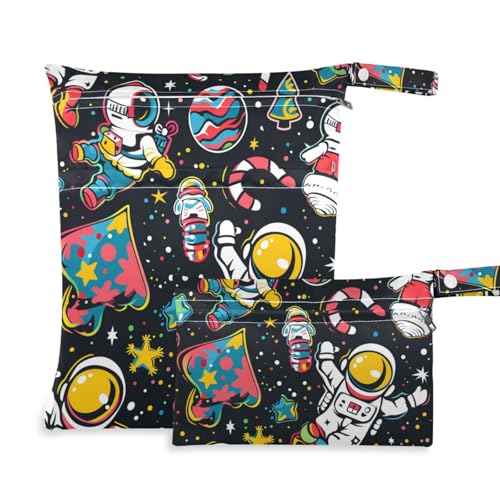 Cartoon-Badeanzugtasche mit Reißverschluss, Motiv: Frohe Weihnachten, Astronaut, 2 Stück, nasse Tasche für Badeanzug mit Griffen für Baby-Windeln, Baden von Amooorous