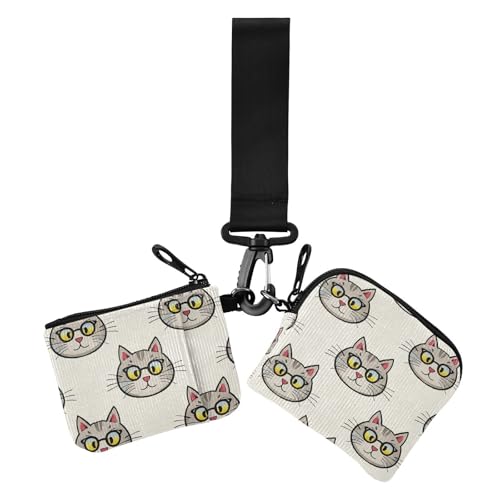 Cartoon Can Love Glasses Of Grey Cat Damen Dual Wallets Visitenkartenetuis Mini Fashion Change Geldbörse Geldbörse mit Handgelenkschlaufe für Frauen 2 Stück, Cartoon kann Brille einer grauen Katze von Amooorous