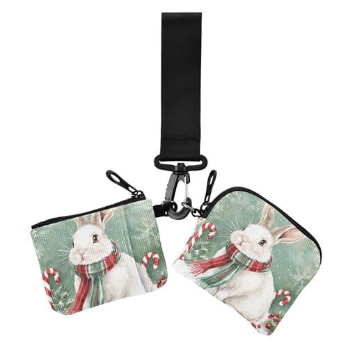 Cartoon-Geldbörse mit niedlichem weißem Weihnachts-Kaninchen und Kreditkartenhalter, schlank, tragbar, mit Reißverschluss, Münzgeldbörse mit Handgelenkschlaufe für Damen, 2 Stück, Niedlicher weißer von Amooorous