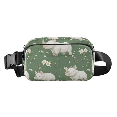 Cartoon-Gürteltasche mit süßem weißem Nashorn-Blumen, modische Gürteltasche für Damen und Herren, Mehrzweck-Tragetasche, Reisen, unverzichtbar mit verstellbarem Gurt, für Einkaufen, Sport, Arbeit von Amooorous