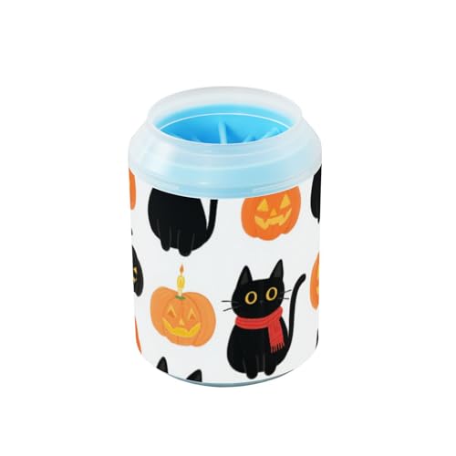 Cartoon Halloween Schwarze Katzen und Kürbisse Wiederverwendbarer Haustierpfotenreiniger Becher mit Silikonbürste Weich Unverzichtbar für alle Haustierbesitzer für kleine, mittelgroße und große Rassen von Amooorous