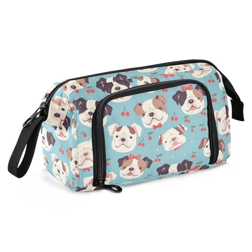 Cartoon Kleine Bulldogge Kirsche Große Kapazität Make-up Tasche mit Griff Federmäppchen mit Fächern für Kinder High School von Amooorous