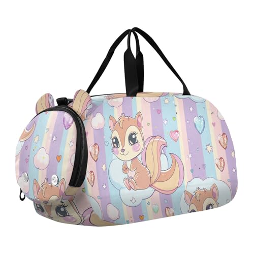 Cartoon Pastell Eichhörnchen Regenbogen Streifen Mädchen Gym Seesack mit Schuhfach Multifunktionale Reise Seesack für Schule Praxis Sport Reisen von Amooorous