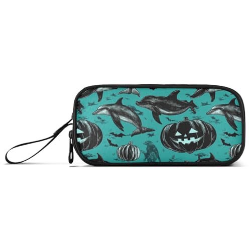 Cartoon-süßes schwarzes Halloween-Delfin-Nylon-Federmäppchen, großes Fassungsvermögen, Netz-Stiftmäppchen, Schule, Schreibwaren für High-School-Frauen von Amooorous