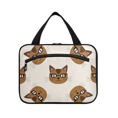 Cartoons Love Brown Cats with Glasses Hanging Makeup Bag with compartments with Hook, Designer Accessories Quilted Makeup Bag for Accessories for Women Work Bolsa de maquillaje para Mujer L von Amooorous