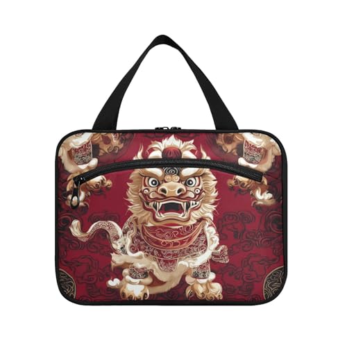 Chinesische rote Cartoon-Neujahrslöwen-Hängetaschen für Frauen, Reisen, mit Haken, kompaktes Designer-Kulturset für Kreuzfahrt, Reisen, Toilette, Estuche para guardar maquillaje L von Amooorous
