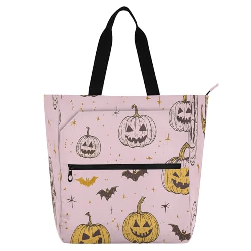 Dekorative Kinder-Tragetaschen für Kinder und Erwachsene, Cartoon-Motiv, niedlicher gelber Halloween-Kürbis, wasserabweisend, Einkaufstasche mit Reißverschluss, für Schule, Arbeit, Reisen, Regenbogen Dekorative Kinder-Tragetaschen für Kinder und Erwachsene, Cartoon-Motiv, niedlicher gelber Halloween-Kürbis, wasserabweisend, Einkaufstasche mit Reißverschluss, für Schule, Arbeit, Reisen, Regenbogen von Amooorous
