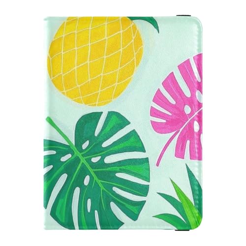 Dekorative Reisebrieftasche für Damen, Motiv: Sommer-Ananas-Palmblatt, blaues Leder, Reisepasshülle, Reisepasshülle mit Impfkartenschlitz, ultradünn, Summer Ananas Palmblatt blau, 1 size von Amooorous