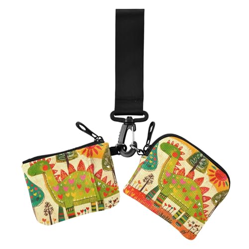 Doodle-Stil Cartoon Dinosaurier herzförmige Damen Münzbeutel Kartenhalter klein abnehmbare Kartenetui Geld Organizer mit Reißverschluss Münzfach für Arbeit Reisen 2 Stück, Doodle-Stil Cartoon von Amooorous