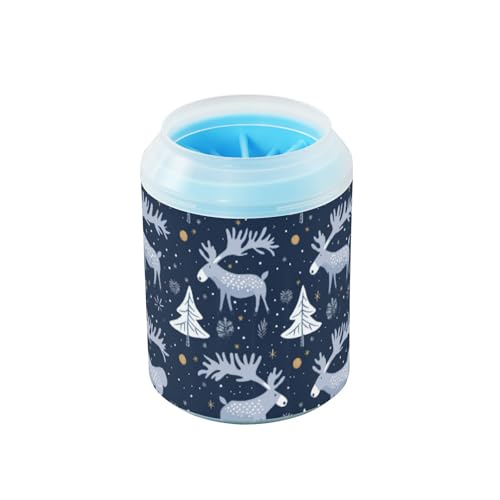 Elch Winter Tragbarer Pfotenreiniger-Becher mit weicher Massagebürste, Haustierfüße, Reinigungsset für kleine, mittelgroße Hunde und Katzen, Marineblau von Amooorous