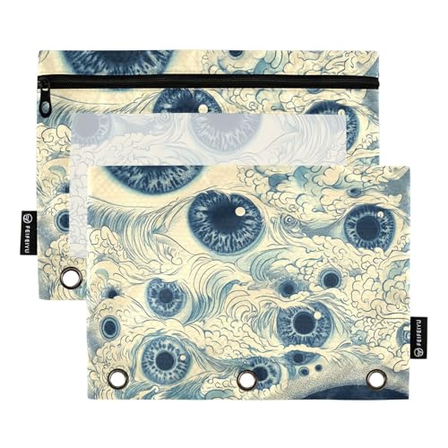 Federmäppchen, 3 Ringe mit transparentem Fenster, blaue Augen, großes Federmäppchen mit Reißverschluss, verstärkte Ösen, 3-fach gelocht, Ordner für Schule, Büro und Zuhause, mehrfarbig, 2 Stück von Amooorous