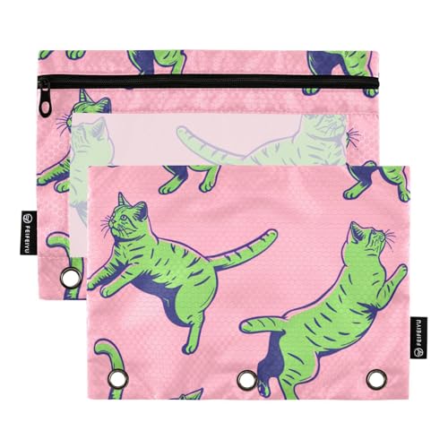 Federmäppchen, 3 Ringe mit transparentem Fenster, niedliches Cartoon-Kätzchen, großes Fassungsvermögen, Ordner, 3 Ringe zur Aufbewahrung von Schulstudenten, Lehrerbedarf, mehrfarbig, 2 Stück von Amooorous