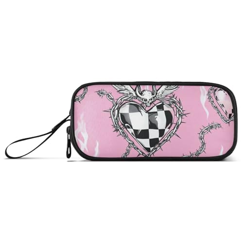 Federmäppchen aus Nylon, Gothic-Stil, Pfirsichfarben, kariert, mit schwarzem Herz, für Schule, Büro, Teenager, Jungen Federmäppchen aus Nylon, Gothic-Stil, Pfirsichfarben, kariert, mit schwarzem Herz, für Schule, Büro, Teenager, Jungen von Amooorous