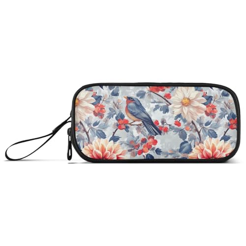 Federmäppchen aus Nylon, Motiv: Ölgemälde, Blau, Grau, Retro-Blume, Vogel, hohe Kapazität, Federmäppchen mit Reißverschluss, Schreibwaren-Organizer für High School Boys von Amooorous