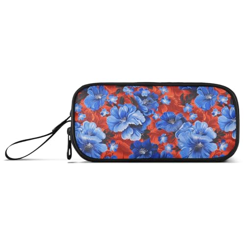 Federmäppchen aus Nylon mit vielen blauen Blumen auf rotem Hintergrund, großes Fassungsvermögen, Reißverschluss, Netz, Federmäppchen, Schreibwaren-Organizer für Schüler von Amooorous