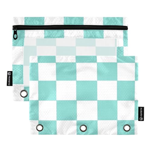 Federmäppchen für 3 Ringe, Ordner mit transparentem Fenster, grün und weiß, amerikanisches Karomuster, große Bleistifttaschen mit Reißverschluss, verstärkte Ösen, 3-Loch-Ordner zur Aufbewahrung von von Amooorous