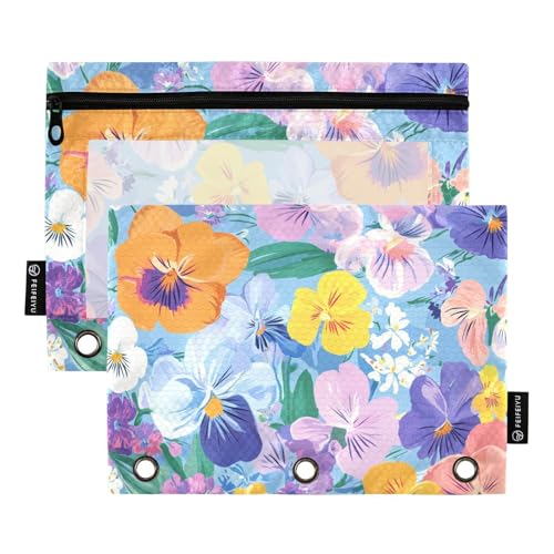 Federmäppchen für Kinder, mit transparentem Fenster, Ölgemälde mit Retro-Blumen in Blau, Stoff-Federmäppchen mit Reißverschluss, verstärkte Ösen, 3-Loch-Binder für Büro, Schulbedarf, Kosmetik von Amooorous