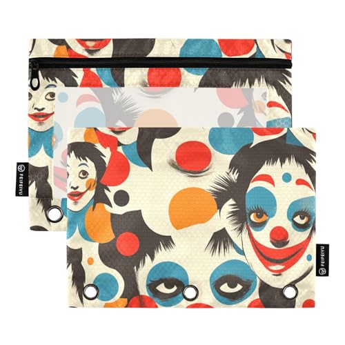 Federmäppchen für Kinder mit klarem Fenster bunten Zirkus Cartoon niedlich Clown Reißverschluss Stifttasche große und robuste Taschen 3 Löcher gestanzt Schulklasse Büro Veranstalter mehrfarbig 2 Stück von Amooorous