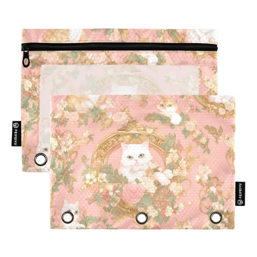 Federmäppchen für Kinder mit klarem Fenster weiß und gold Cartoon niedlichen Kätzchen Ringe Bleistiftetui in gemischten Farben Bindemittel 3 Ringe für Schule, Büro und Zuhause mehrfarbig 2 Stück von Amooorous