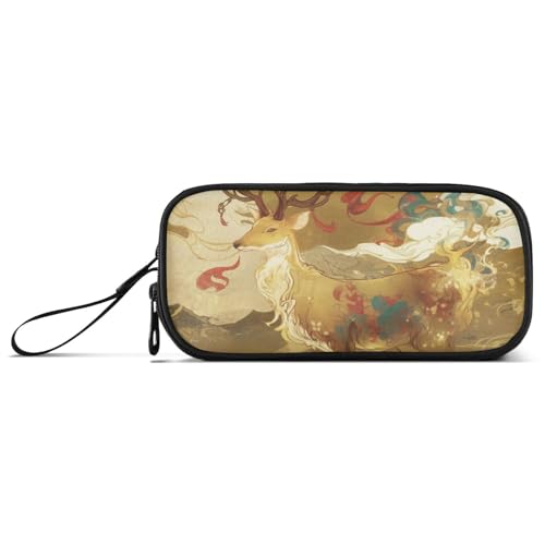 Federmäppchen für Mädchen, Motiv: chinesisches Neujahr, Hirsch, Nylon, große Kapazität, Federmäppchen, Schreibwaren-Tasche für College-Lehrer, Rot und Gold von Amooorous