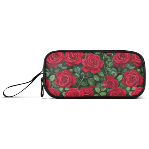 Federmäppchen für Ölgemälde mit roten Rosen, Nylon, hohe Kapazität, Federmäppchen, Schule, Schreibwaren für College-Mann von Amooorous