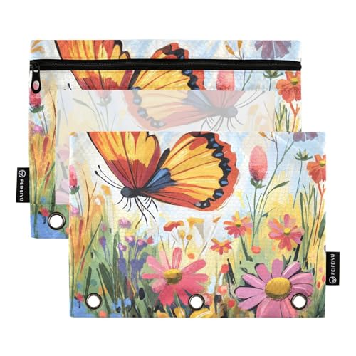 Federmäppchen für Ordner mit transparentem Fenster, Ölgemälde, Schmetterlinge und Blumen, Federmäppchen mit Reißverschluss, verstärkte Ösen, 3 Ringe, Reißverschluss, Ordner für Schule, Büro von Amooorous