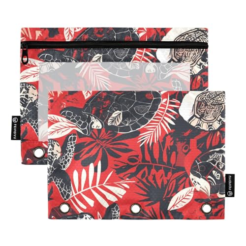 Federmäppchen für Ordner mit transparentem Fenster, Schildpatt-Design, Rot und Schwarz, 3 Reißverschluss-Federmäppchen mit Reißverschluss, verstärkte Ösen, 3 Ringe, Ordner für Klassenzimmer, Schule von Amooorous