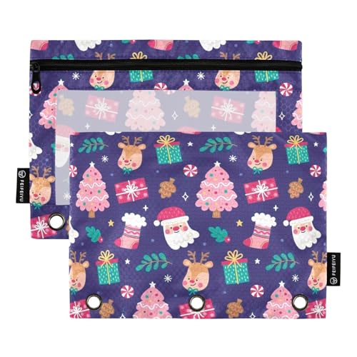 Federmäppchen für Ordner mit transparentem Fenster, Violett, Frohe Weihnachten, Party, großes Federmäppchen mit Reißverschluss, verstärkte Ösen, 3 Ringe, Ordner für Büro, Schulbedarf, Kosmetik von Amooorous