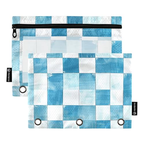 Federmäppchen für Ordner mit transparentem Fenster, hellblau und weiß, kariert, mit Reißverschluss, groß und stabil, 3 Ringe, Ordnungsmappe für Bürobedarf, mehrfarbig, 2 Stück von Amooorous